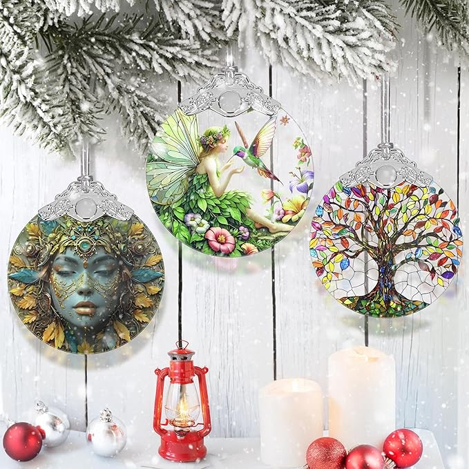 Jocidea Fairy & Hummingbird Christmas Ornament - Stained Glass Hanging Decor - Tree Decoration - Gifts for Women, Her, Mom