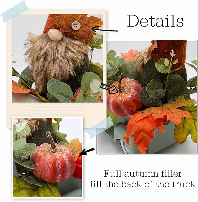 Vintage Turquoise Metal Truck with Gnomes Pumpkin Maple Leaf Farmhouse Table Top Fall Decor, Autumn Themed Thanksgiving Old Pickup Truck Decorations for Home Table Shelf, 12 inch
