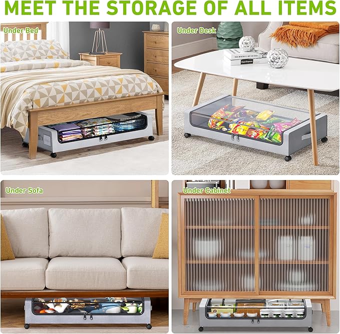 Under Bed Storage with Wheels, XXL 60L Under the Bed Storage Bins, Underbed Storage Containers with Lids & Label, Rolling Metal Drawer for Shoes, Clothes, Books, Toys (4-Pack Gray)