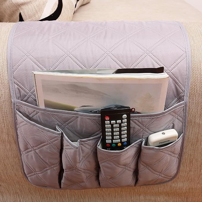 5 Pockets TV Remote Control Holder Couch Sofa Tray Armrest Organiser Oxford Chair Couch Caddy Sofa Armrest Bag Bedside Storage Hanging Organiser for Magazine Books Snack Mobile DVD Cellphone (gray)