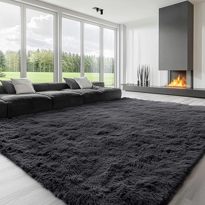 OLANLY 8x11 Machine Washable Large Area Rugs for Living Room, Bedroom, Soft Fluffy Shaggy Bedside Rug, Indoor Floor Carpet for Kids Girls and Boys, Dorms, Nursery, Home Decor Aesthetic, Black