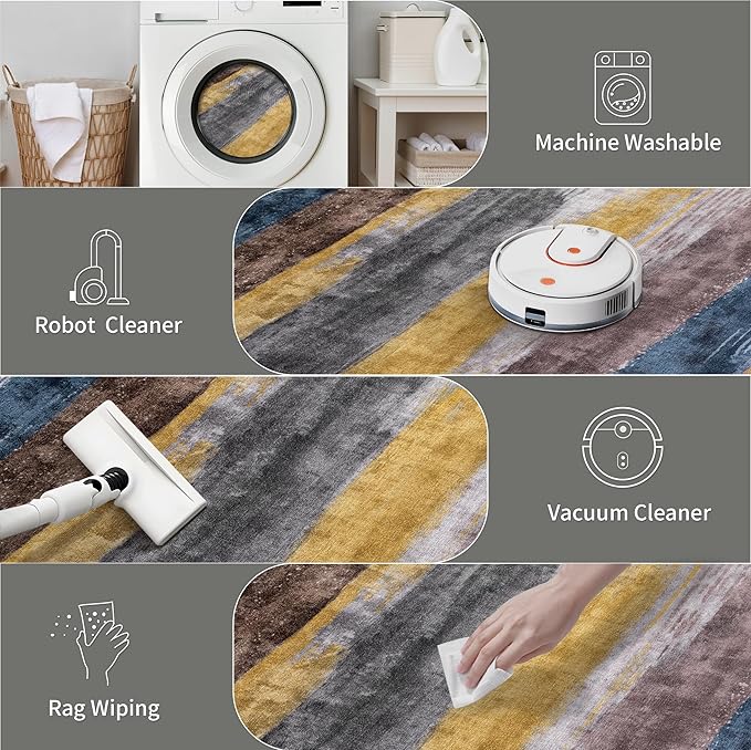 Ciicool 5ft Round Washable Rug, Modern Abstract Circle Rugs, Non-Slip Thin Lightweight Rug Yellow Blue Circular Print Distressed Carpet for Bedroom Living Room Under Dining Table Home Office Decor