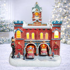 MOMENTS IN TIME Vintage Fire Department Christmas Village 12.2” LED Lights, Music & Moving Fire Trucks, Polyresin Lighted Holiday Building, Adapter Operated Holiday Decoration