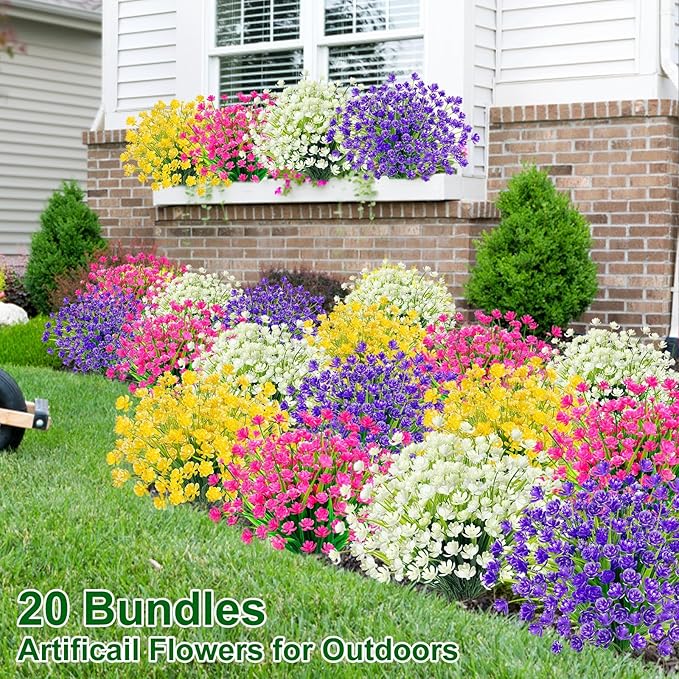 TURNMEON 20 Bundles Artificial Flowers for Outdoors Fake Plants Spring Decor, UV Resistant Artificial Plants Cemetery Fake Flowers Faux Plastic Greenery Shrubs for Home Porch Summer Decor 580 Heads