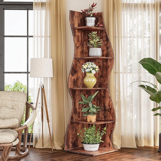 LITTLE TREE 70-Inch Corner Shelf, Seaweed Shaped Etagere Display Bookshelf, Freestanding 5-Tier Wall Shelves for Small Spaces, Living Room, Bedroom, Rustic, 1 Pack