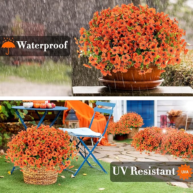 24 Bundles Fall Flowers Artificial for Halloween Decoration Outdoors, Fake Plants Autumn, Mums Daisy Eucalyptus Realistic UV Resistant for Garden Patio Porch Home Decor, Orange