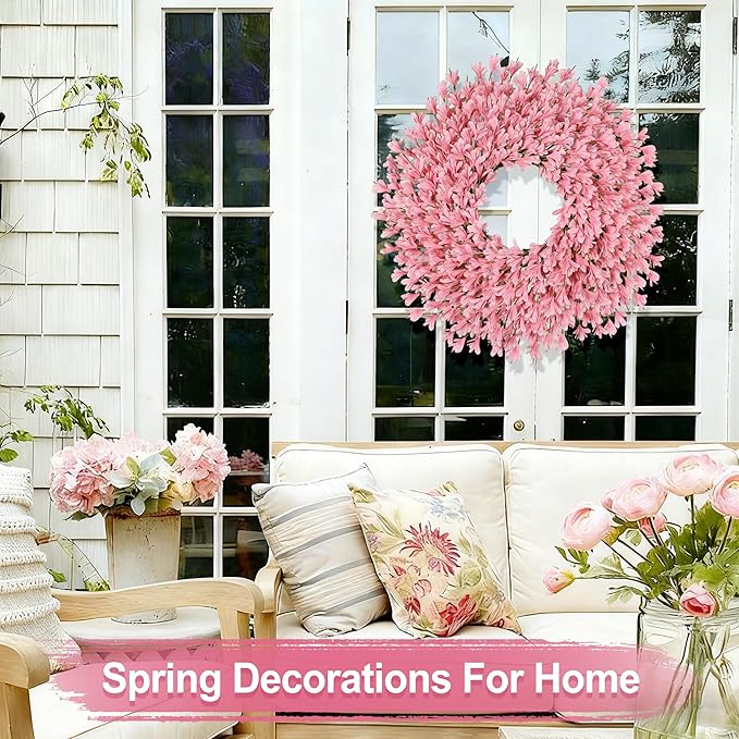 26 Inch Spring Wreaths for Front Door Large Easter Valentines Forsythia Floral Summer Spring Door Wreaths Outdoor All Season Spring Decorations for Home Porch Room Window Wall Farmhouse Decor (Pink-R)