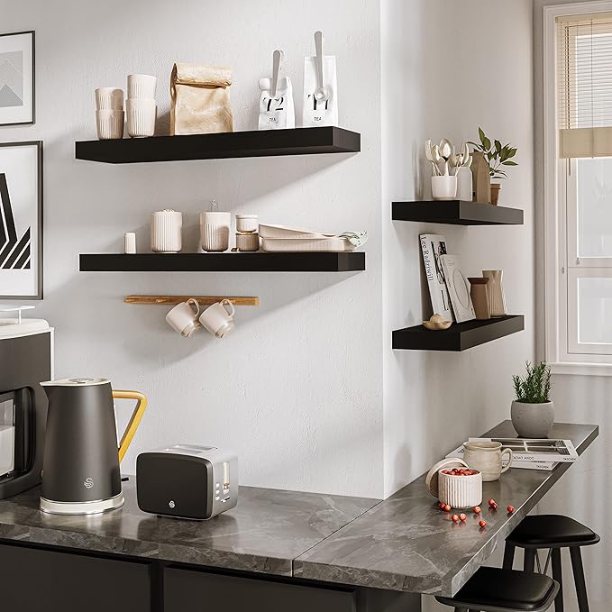 BAMEOS Floating Wall Shelves 24 x 6 Inch – Easy-Install Hanging Shelves with Hardware Included | Modern Decor Shelf for Bathroom, Bedroom & Living Room Storage, Set of 2, Black