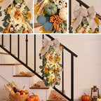 Valery Madelyn 24 inch Fall Pumpkin Teardrop Swag Autumn Harvest Door Hanger with Green & White Mini Pumpkins, Eucalyptus, Raffia, Berries and Striped Bow for Front Door Thanksgiving Table Centerpiece