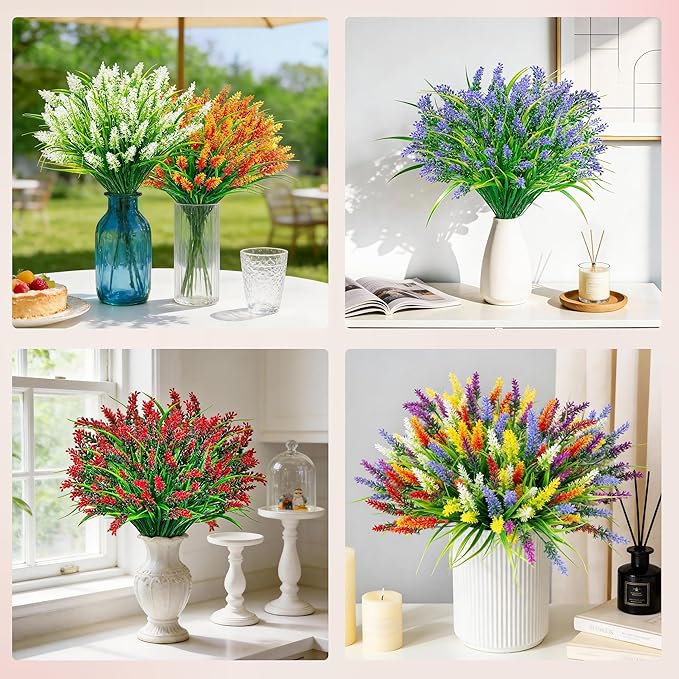 Der Rose 24 Bundles Artificial Flowers for Outdoors Fake Lavender Flowers UV Resistant Faux Plants Monkey Grass for Garden Porch Fence Patio Window Box Decor（Colorful）