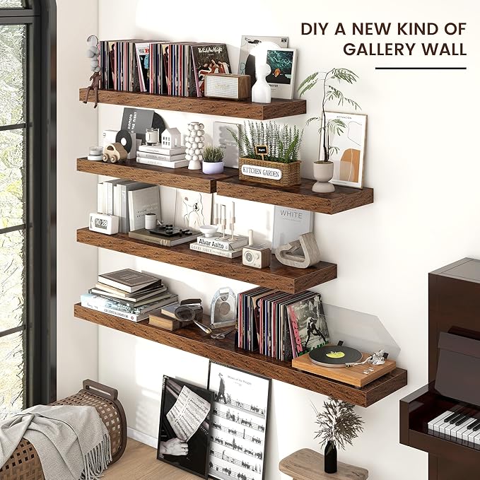 Venusmiles Floating Shelves for Wall, 36" W x 12" D x 2" H, 2 Pack of Long Wall Mounted Engineered Wood Shelves with Invisible Brackets for Living Room, Bedroom, Bathroom, Kitchen Decor, Brown