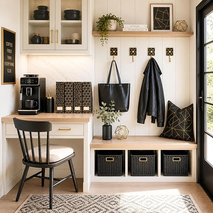 BLU MONACO | Set of 4 Black & Gold Geometric Magazine File Holders with Gold Label Holders | Stylish Vertical File Organizer Boxes for Desk, Bookshelf & Office Storage