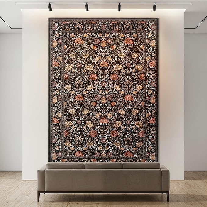 GarveeHome Brown Vintage Floral Washable Rugs 5x7 for Living Room Black Boho Botanical Retro Rug Low Pile Stain Resistance Non Slip Carpet for Bedroom Nursery Dining Room