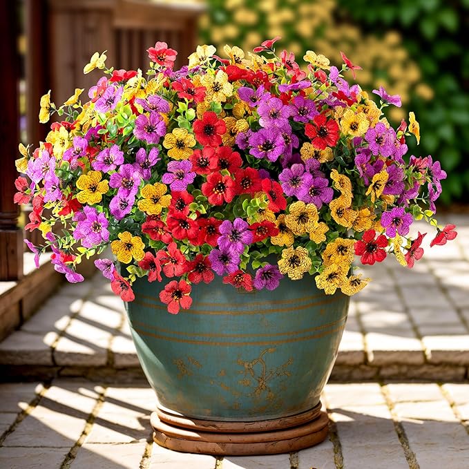 Artificial Flowers for Outdoors Potted Spring Decor, 12 Bundles Fake Summer Daisy with Realistic Eucalyptus Leaves, Faux Plants for Greenery Boxwood Porch Patio Garden Pot Lawn(Red Purple Yellow)