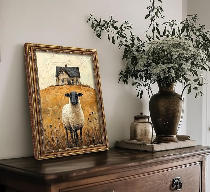 Vintage Gold Framed Wall Art Retro Country Sheep Oil Painting Canvas Prints Farmhouse Landscape Picture Wall Decor Rustic Farmhouse Animal Poster Artwork for Living Room Bedroom Bathroom, 12x16in