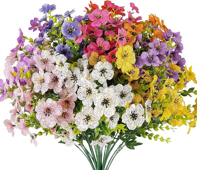 ilauke 9 Bundles Artificial Flowers for Outdoors, Fake Flowers UV Resistant, Faux Flower Plants 9 Colors with Eucalyptus, Plastic Flower Outside Planter Garden Porch Patio Window boxs Yard Decorations