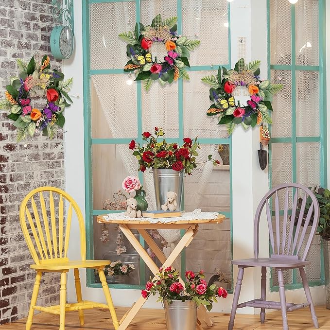 6 PCS Spring Lavender Tulips Hanging Wreaths for Kitchen Cabinets Artificial Small Floral Wreaths for Front Door with Butterfly Spring Summer Mini Wreath for Home Farmhouse Window Porch Wall Decor