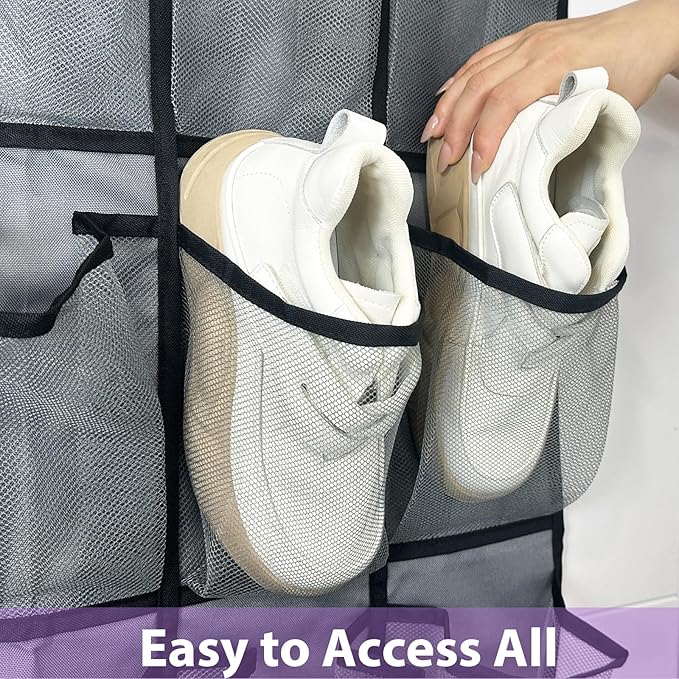 homyfort 35 Large Pockets Over the Door Shoe Organizer, Extra Sturdy Oxford Fabric Hanging Shoe Rack for Door Closet, Wall Mesh Shoe Storage Holder for Mens Women Shoes (Grey)