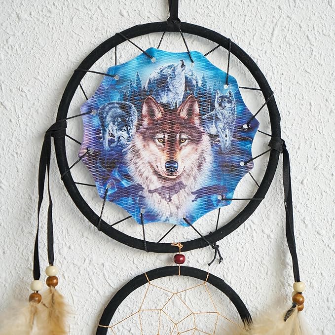 Remorelt 3PCS/Set Large Size Dream Catcher Wolf & Eagle Pattern Hanging Decor, Native American Style Ornament for Home, Dorm, Car,Wolf Decor Wolf Gifts for Wolf Lover(DC04 13Inch Set 3 Mix)
