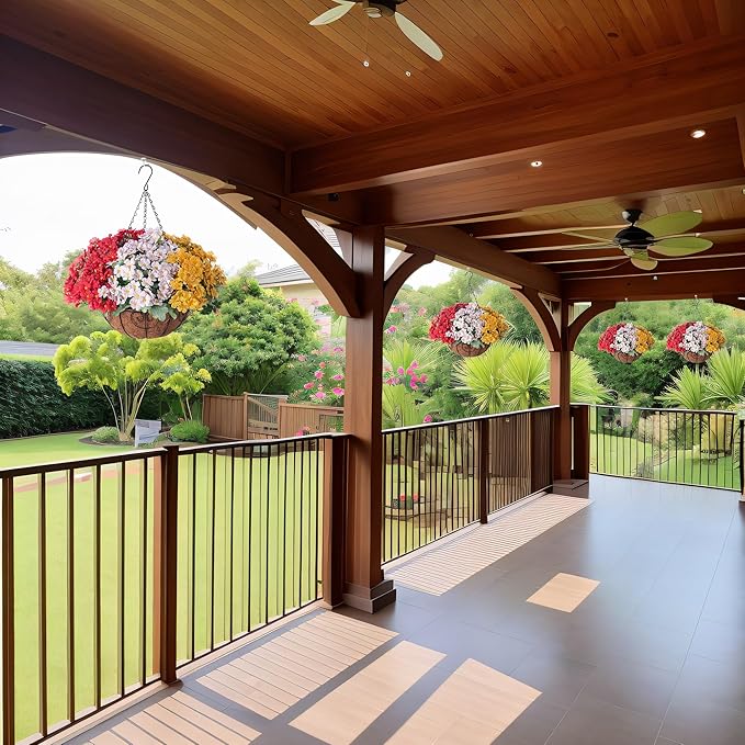 Artificial Flower in Hanging Basket Outdoor Indoor Decoration,Coconut Lining Flowerpot with Faux Plant,Daisy with Eucalyptus Leaves Arrangement for Home Spring Summer Decor(Red White Yellow)