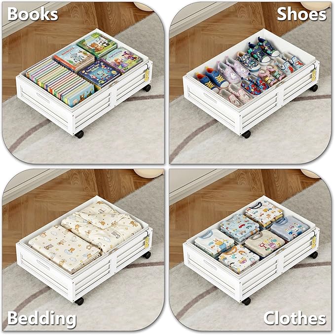Under Bed Storage Containers with Wheels, Larger Bamboo Wood Under Furniture Storage Containers with Dust Bags，Rolling for Shoes Clothes