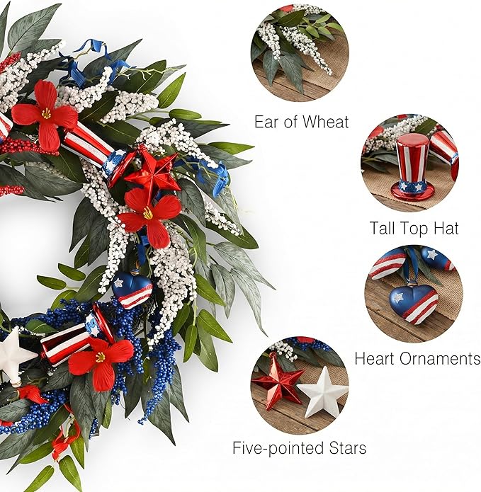 DecorbyHannah Patriotic Wreaths for Front Door, 22 inch 4th of July Wreath for Independence Day, Flag Day, Collapsible Red White Blue Wreath Decorations with Top Hat Ornament for USA 250th Holiday