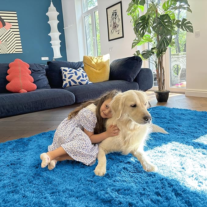 OLANLY 2x6 Machine Washable Runner Rugs for Hallway, Soft Fluffy Shaggy Bedside Rugs for Bedroom, Living Room, Indoor Floor Carpet for Kids Girls and Boys, Home Decor Aesthetic, Bright Blue