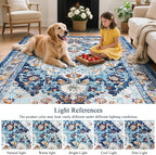 U'Artlines Boho Vintage Area Rug 5x7 Machine Washable Low Pile Soft Floor Carpet Non Slip Non Shedding Accent Rug for Living Room Bedroom Entryway Dining Room Office Blue