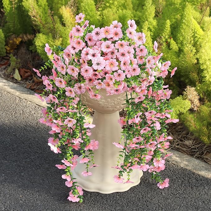 Artificial Hanging Flowers for Outdoors, UV Resistant 2PCS Fake Silk Flowers for Outside, Realistic Faux Plants for Hanging Baskets, Planters - Porch, Patio, Yard Décor (Pink)