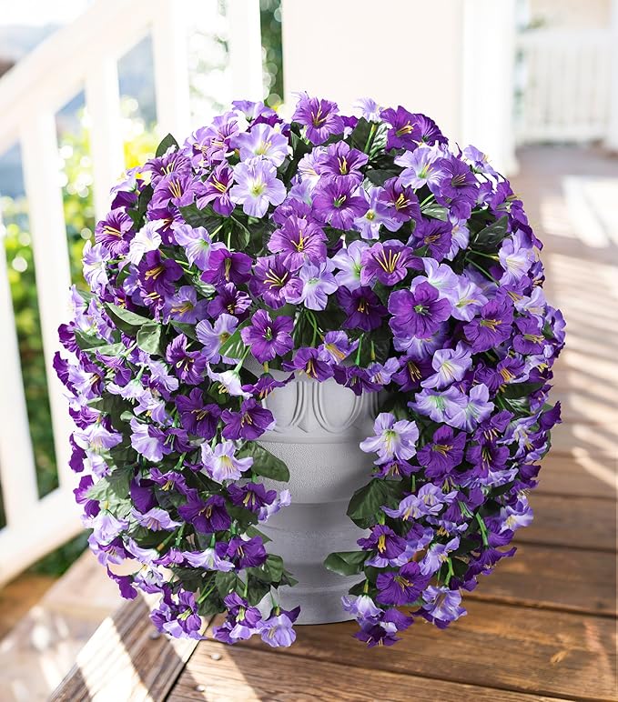 HyeFlora Artificial Flowers for Outdoors, 2pcs Faux Hanging Morning Glory Silk Fake Flowers Lifelike Artificial Plants UV Resistant Flowers for Outside Planter Patio Garden Porch Decor (Purple)