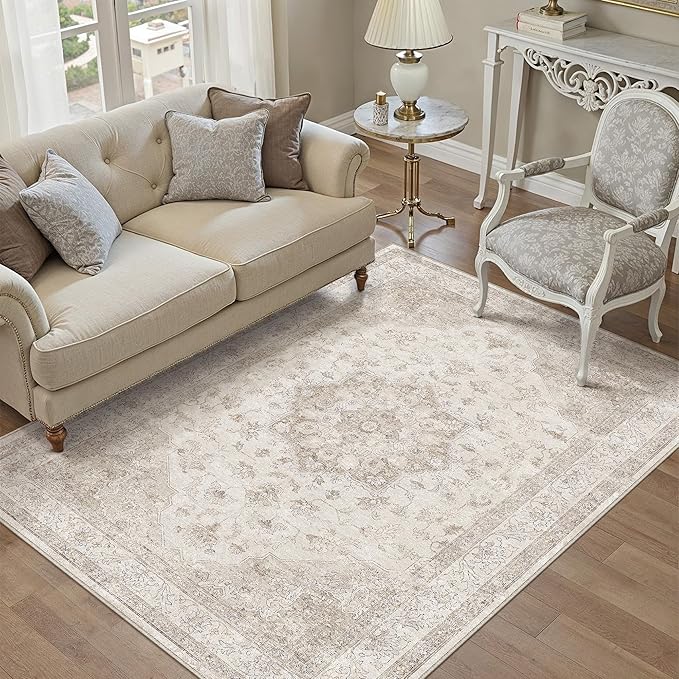 Beige Area Rug 5x8 Washable Living Room Carpet Vintage Non Slip Soft Bedroom Indoor Office Retro Low Pile Thin Oriental Medallion Large Rug for Dining Room Bathroom Kitchen