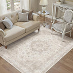 Beige Area Rug 4x6 Washable Vintage Carpet for Office Living Room Soft Retro Low Pile Thin Indoor Rug Non Slip Oriental Medallion Floor Cover for Bedroom Kitchen Dining Room