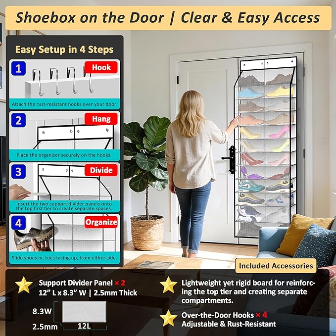 24-Pair Over Door Shoe Organizer for Family & Kids, Double Sided | Hanging Storage for Sneakers, Boots, Toys & Room Organization-Pearl White