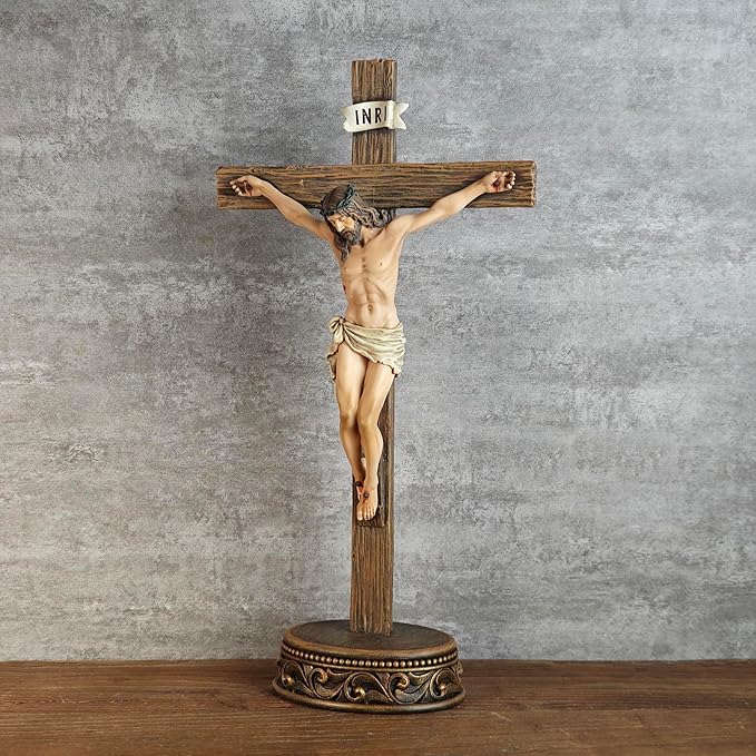 BC Catholic Crucifix Standing Cross, 15" H Jesus Christ Tabletop Home Decor, Religious Gift, Wood Carve Look, Realistic Color Finish, Renaissance Sculpture Hand Painted by Buildclassic