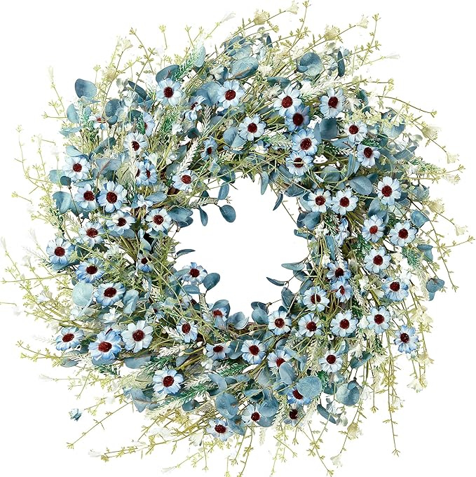 Sggvecsy Blue Daisy Wreath 24 Inch Spring Summer Fake Silk Floral Wreath with Green Eucalyptus Leaves and Lavender for Front Door Window Wall Wedding Farmhouse Festival Decor