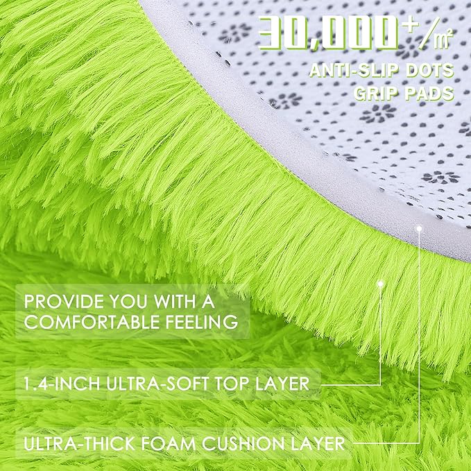 OLANLY Lime Green Round Rugs for Bedroom - Machine Washable, 3 ft Circle Area Rugs for Living Room, Soft and Fluffy Shaggy Carpet for Teen Girl and Boys, Nursery Rooms, Dorms, Home Decor Aesthetic