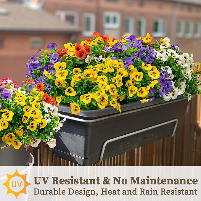 20 Bundles Artificial Fake Pansy Flowers for Outdoor - Yellow, White, Purple, Sunset red & deep pink Faux Pansies Flowers, Fake Flowers for Outdoor Planters, Porch, Garden, and Home Decoration