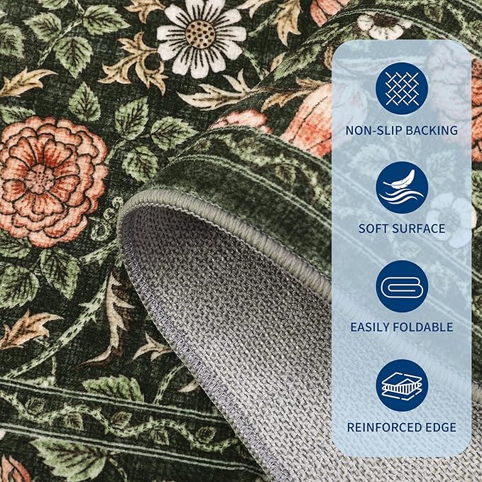 GarveeHome Dark Green Vintage Floral 2x6 Runner Rug Washable Kitchen Rugs Non Slip Boho Long Rug for Hallways Bedroom Entryway Bathroom Mat with Rubber Back