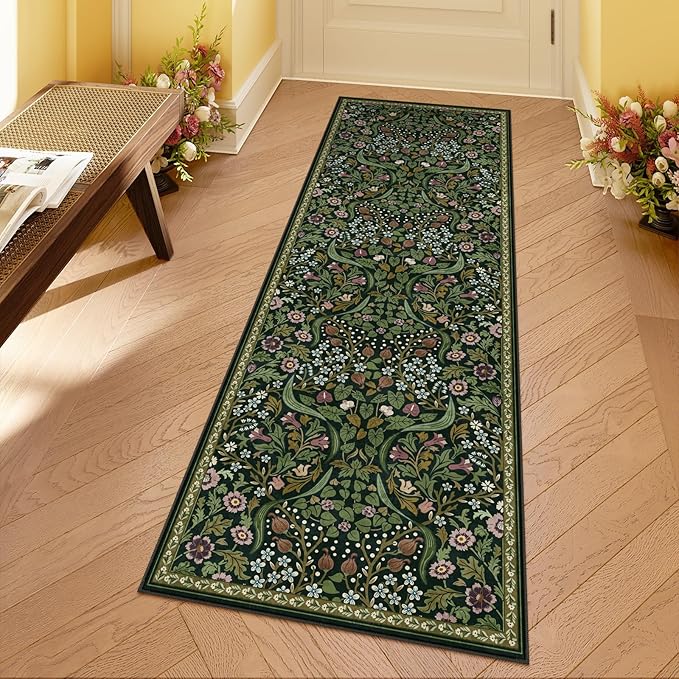 Moynesa Floral Kitchen Runner Rug 2x6, Washable Runners for Hallways Non Slip Green Soft Bathroom Carpet Runner, Boho Ultra Thin Botanical Throw Rug for Laundry Room Entryway, Green
