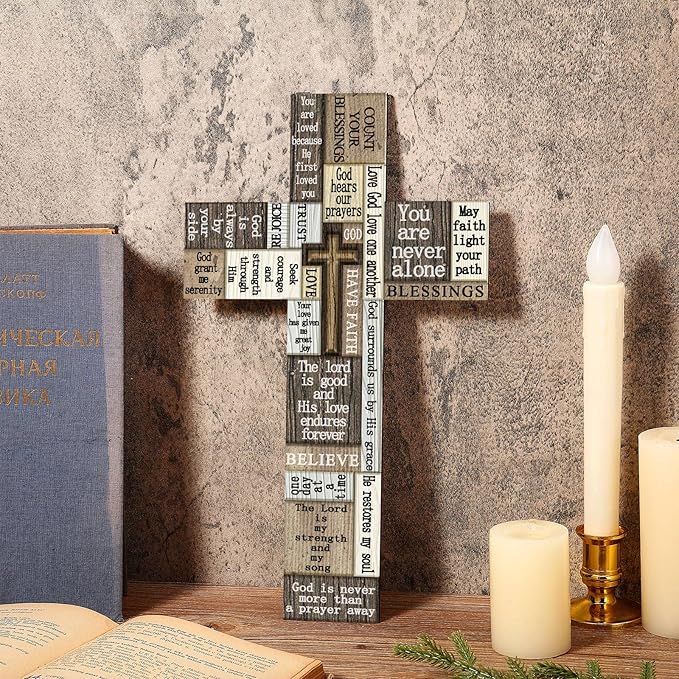 Wooden Cross Wall Decor 14 Inch Christians Wall Art Sign Religious Faith Easter Crosses Plaque with Inspirational Words and Saying Hanging Wood Cross Decor for Home Party Indoor Outdoor Farmhouse