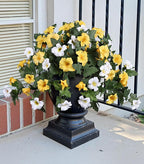 HyeFlora Artificial Flowers for Outdoors 2PCS Spring Faux Morning Glory Look Real Silk Flowers for Outside Planter UV Resistant Fake Flowers for Home Garden Balcony Yard Porch Deco (Yellow)