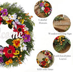 Valery Madelyn Spring Summer Wreaths for Front Door，Collapsible 24 Inch Door Wreath with Daisy Flower,Butterfly and “Welcome” Wood Sign Floral Wreath for Wedding, Wall, Home Decorations