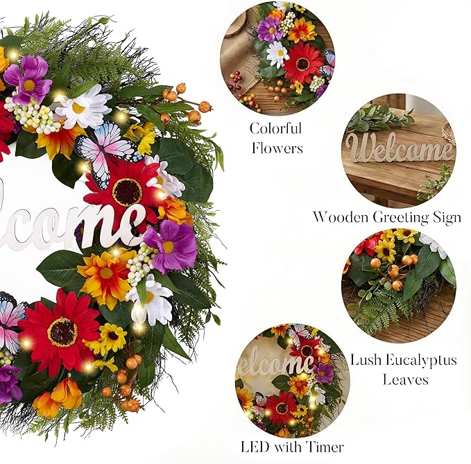 Valery Madelyn Spring Summer Wreaths for Front Door，Collapsible 24 Inch Door Wreath with Daisy Flower,Butterfly and “Welcome” Wood Sign Floral Wreath for Wedding, Wall, Home Decorations
