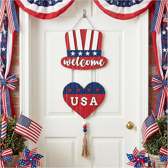 Valery Madelyn 4th of July Wreath, Patriotic Wreath for Front Door, Red White and Blue Top Hat and Heart Wall Signs for Memorial Day Independence Day USA 250th Anniversary, 28 inch
