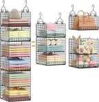 6 Tier Hanging Closet Organizers and Storage Stackable Hanging Closet Shelves with 4 Hooks 2 Adjustable Dividers, Wire Storage Basket Bins for Clothing Purse Sweaters Shoes Socks Dolls, Foldable
