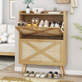 Shoe Cabinet with 2 Flip Drawers, Farmhouse Hidden Shoe Storage Cabinets, Narrow Wooden Shoes Organizer for Entryway, Slim Freestanding Shoe Rack Cabinet for Front Door Entrance, Rattan Natural