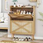 Shoe Cabinet with 2 Flip Drawers, Farmhouse Hidden Shoe Storage Cabinets, Narrow Wooden Shoes Organizer for Entryway, Slim Freestanding Shoe Rack Cabinet for Front Door Entrance, Rattan Natural