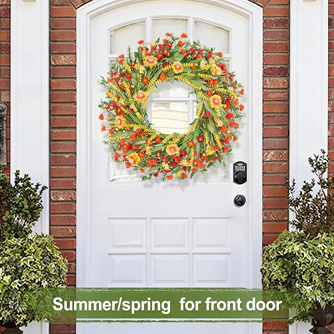 26" Floral Wreath, Artificial Spring Wreaths for Front Door, with Wildflower Portulaca Flowers, Indoor Outdoor Porch Window Wall Home Decor for Valentine’s Day Easter, Summer & Wedding Orange