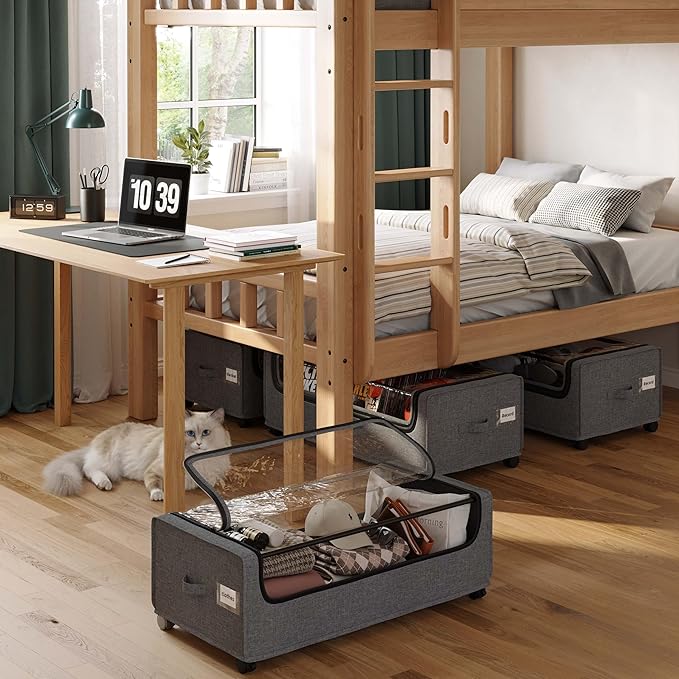 Under Bed Storage With Wheels, Tall Under The Bed Storage, Underbed Storage Containers With Lids, Metal Frame, 90L Capacity, Large Size