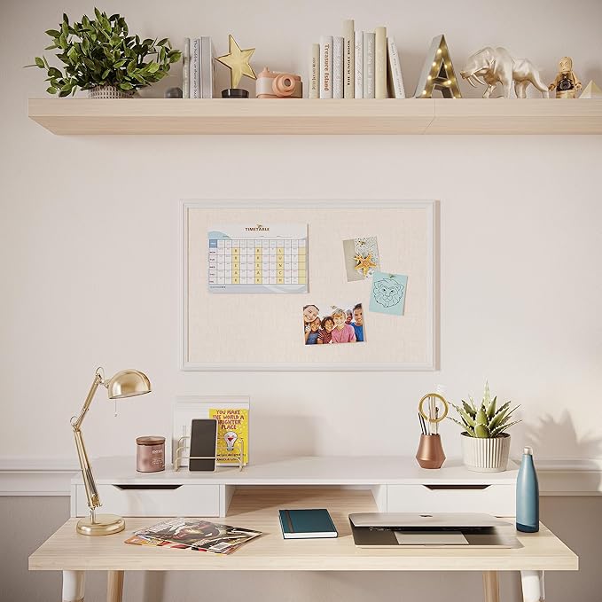 U Brands Farmhouse Bulletin Board, Linen Covered Corkboard with White Wood Frame, 30" x 20" (6711U00-01)